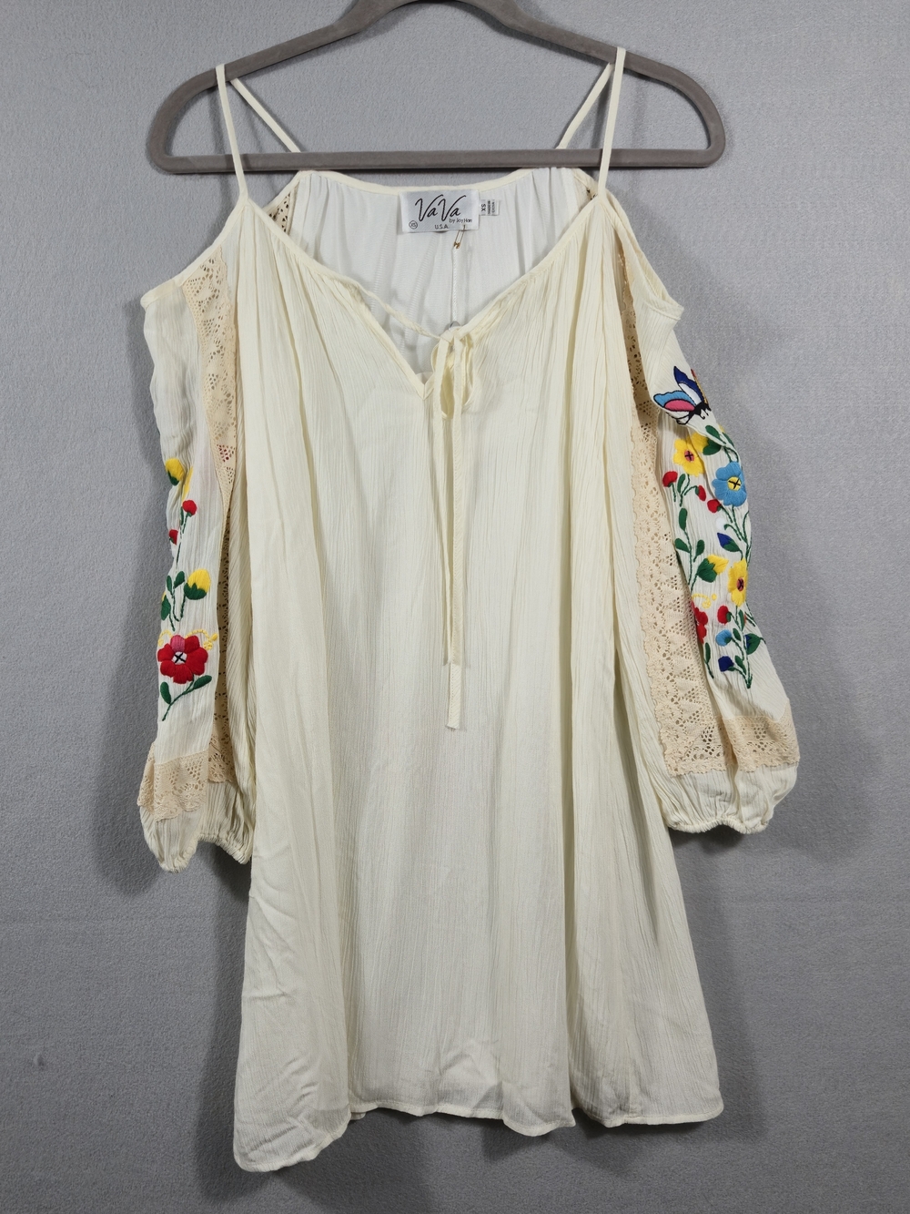 NWT Va Va by Joy Han Lara Ivory Embroidered Cold-Shoulder Boho Dress Size XS